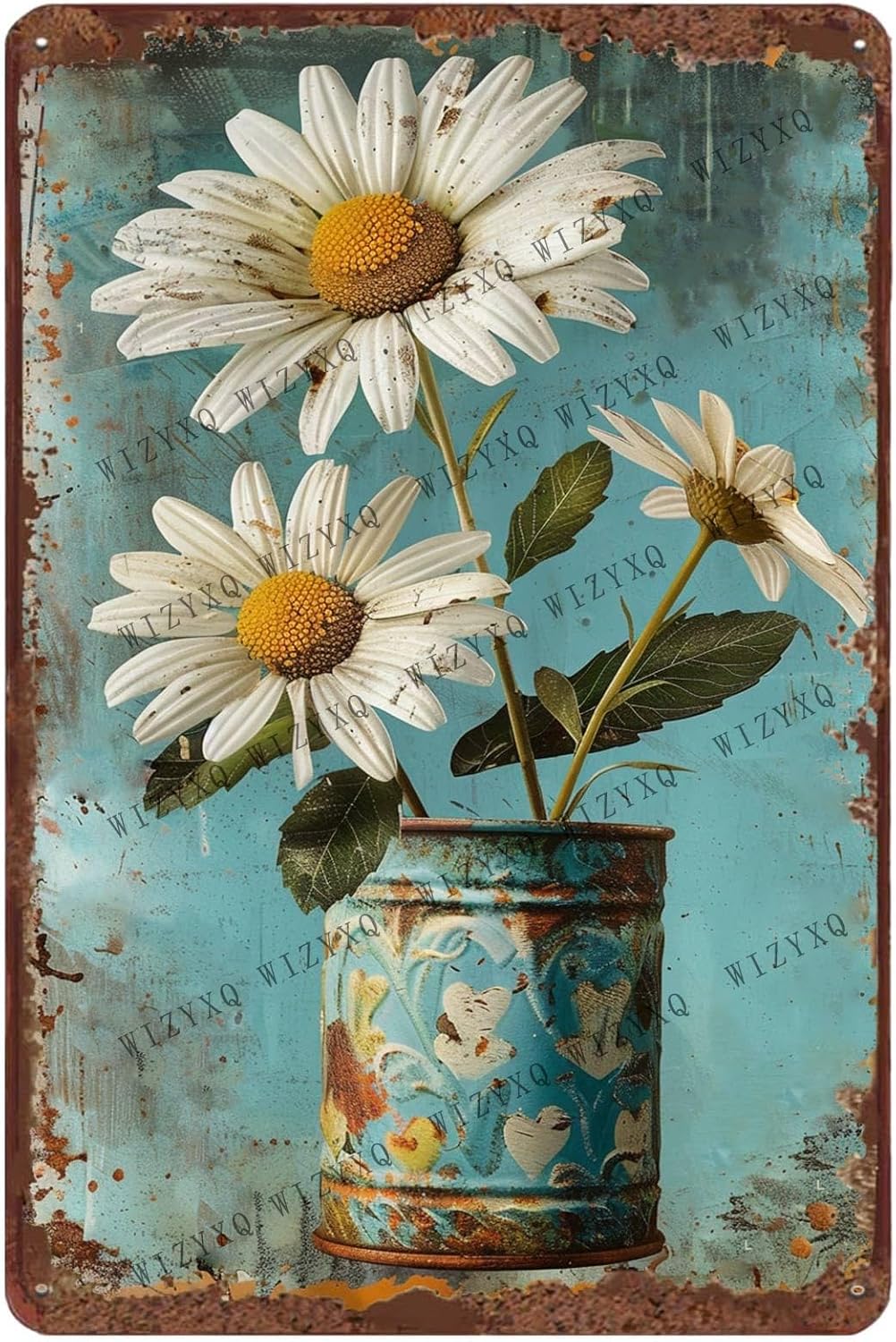 Home Decor White - Metal Tabelalar Beyaz Papatya Çiçek Vintage